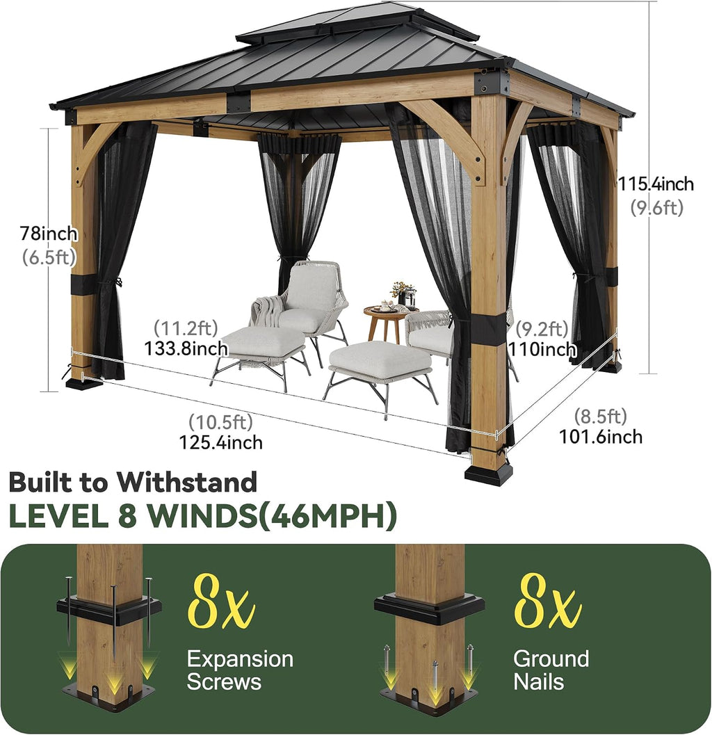 10x12 ft Cedar Wood Gazebo with Translucent roof, Hardtop Gazebo with Galvanized Steel Double Roof and Mosquito Netting, Heavy Duty Pavilion for Patio Lawn and Garden