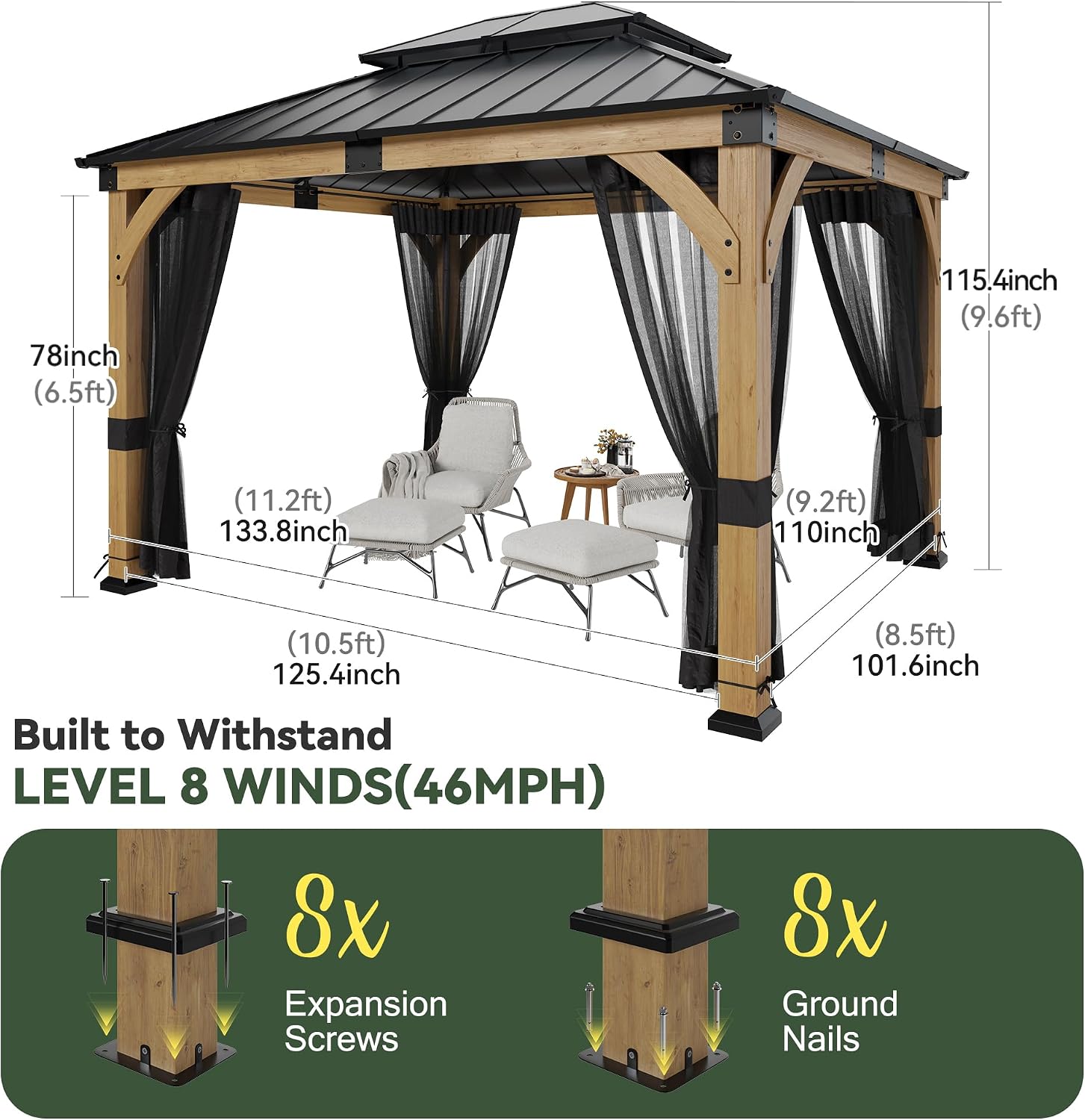 10x12 ft Cedar Wood Gazebo with Translucent roof, Hardtop Gazebo with Galvanized Steel Double Roof and Mosquito Netting, Heavy Duty Pavilion for Patio Lawn and Garden