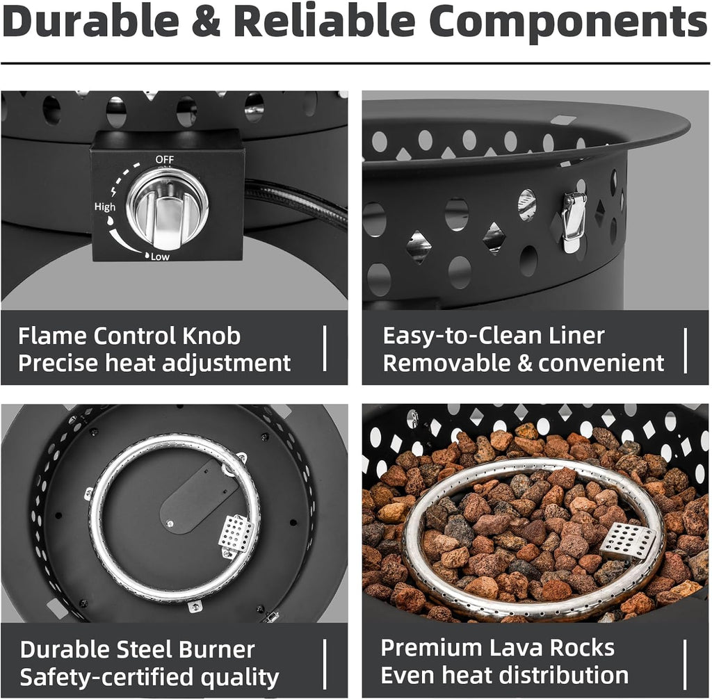 Breezz 20' Outdoor Fire Pit with Grill, 60000 BTU Smokeless Firepit, External Propane Required, Foldable Cooking Grate, Adjustable Flame, Patio Camping BBQ