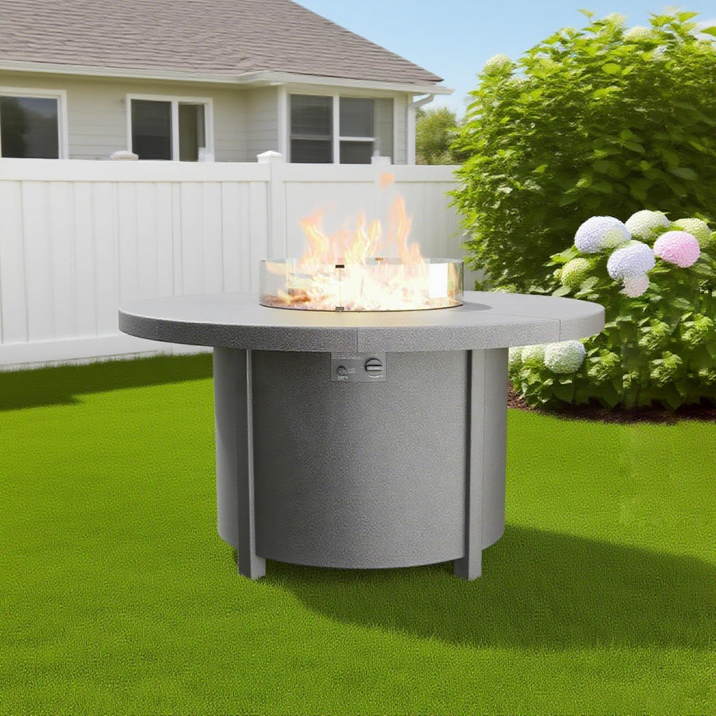 48' Round Propane Fire Pit Table with Lid, 40,000 BTU Outdoor Gas Fire Pits CSA Certified for Outside Steel Tabletop Fire Pit with Blue Glass Rock&Windshield Glass for for Patio, Balcony,Garden