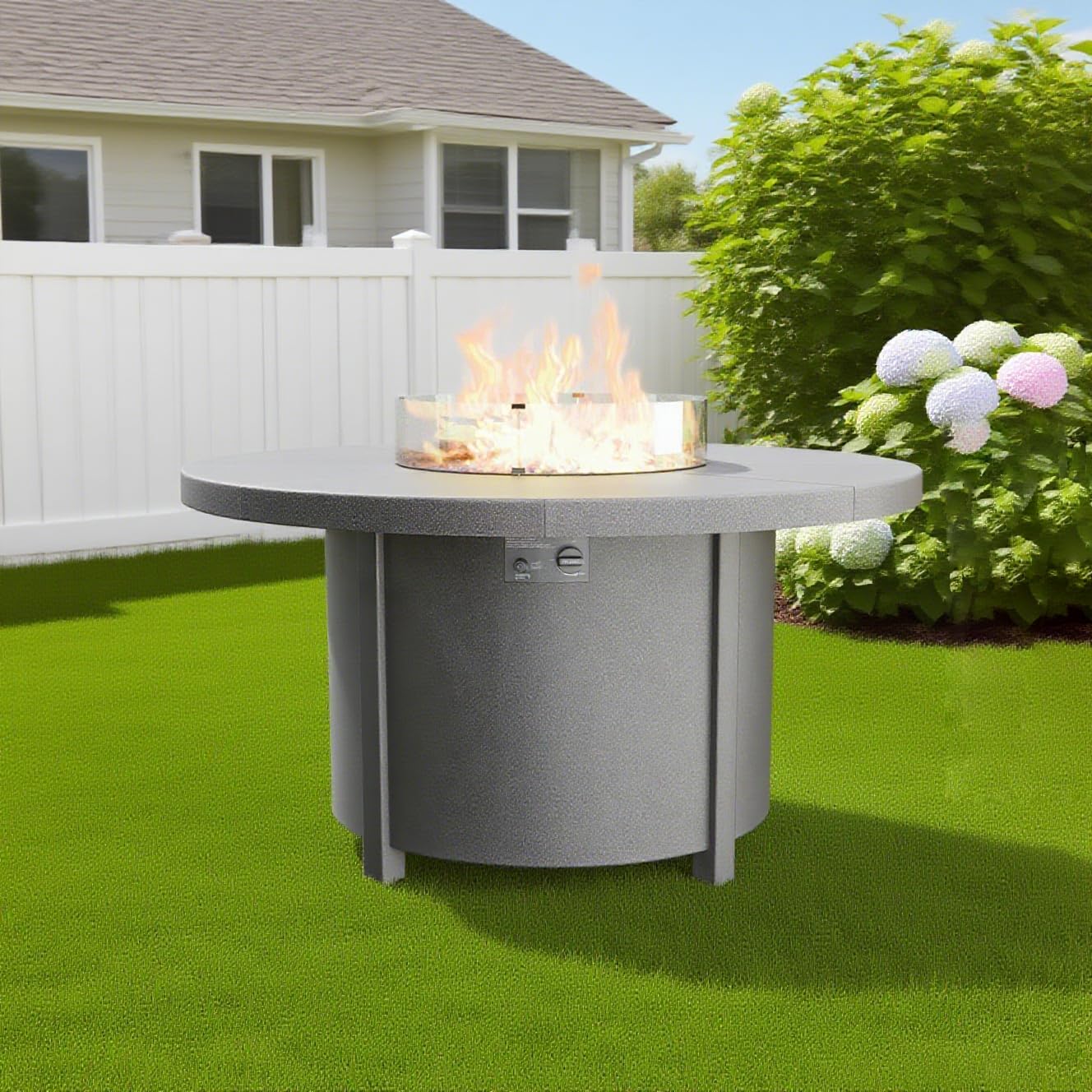 48' Round Propane Fire Pit Table with Lid, 40,000 BTU Outdoor Gas Fire Pits CSA Certified for Outside Steel Tabletop Fire Pit with Blue Glass Rock&Windshield Glass for for Patio, Balcony,Garden