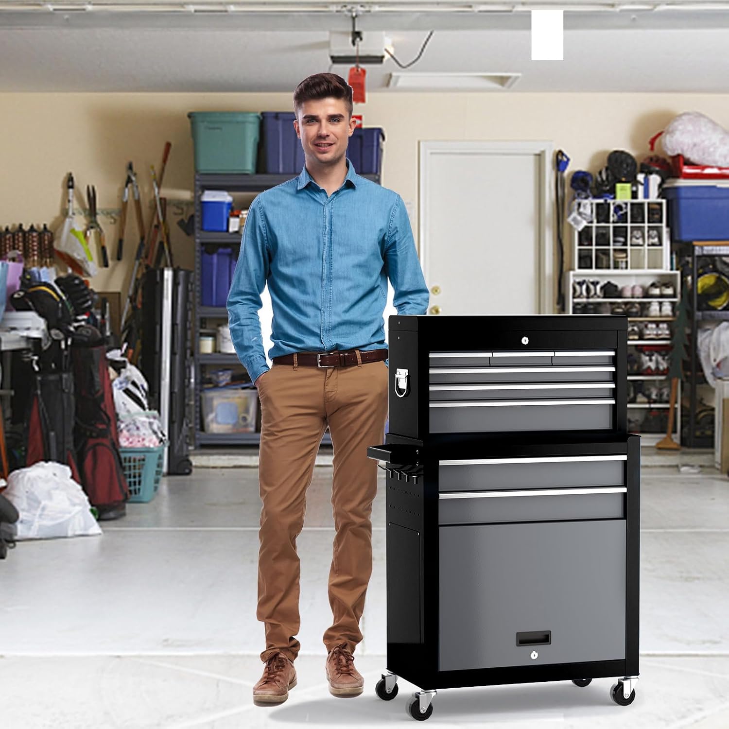 8-Drawer Rolling Tool Chest,42' Large Tool Box with Drawers,Lockable Wheels,2-in-1 Detachable Top Mechanic Tool Storage Box,for Garages, Workshops,Repair Shops (with Parts Box and Hooks)