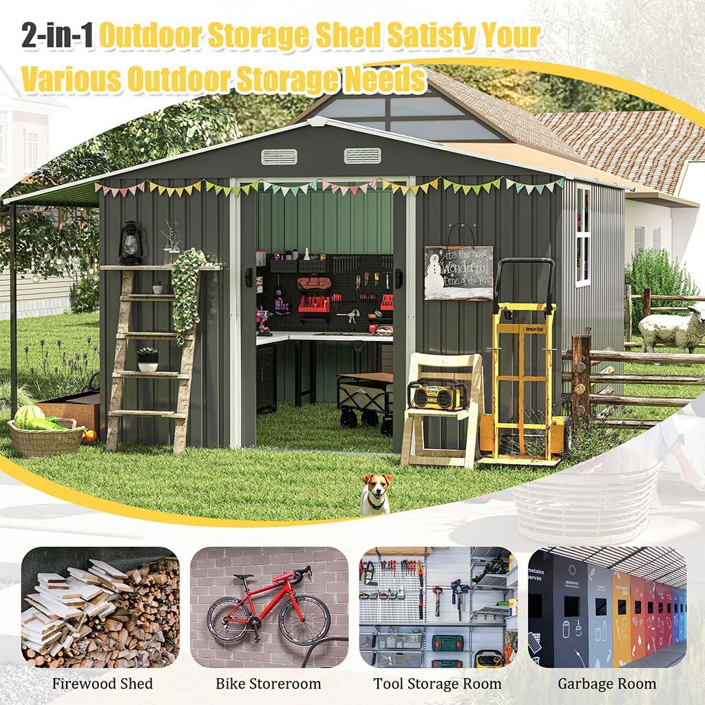 10×12 FT Extra-Large Outdoor Storage Shed with Firewood Bay, Waterproof Metal Garden Shed with Sliding Doors, Ramp, 4 Windows, Vents & Galvanized Steel Panels for Backyard, Lawn & Patio Tool Storage