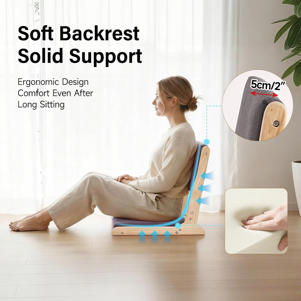 Tiita Floor Chair with Back Support, Foldable Meditation Tatami Chairs, Backrest Chair with Cushion, Living Room Chair Seat 2 Pack, Wood Dark Grey