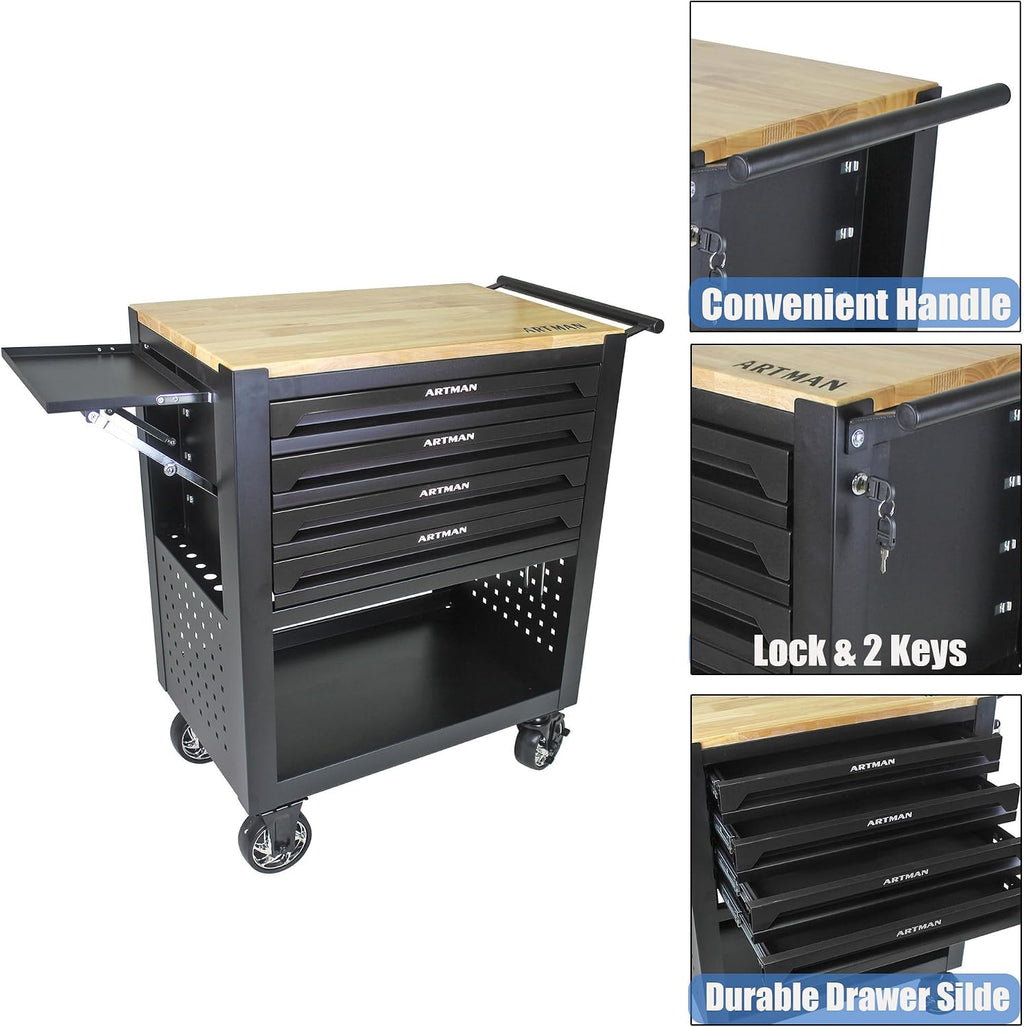4 Drawers Tool Chest on Wheels,Tool Storage Cart with Wooden Top,Drawers Rolling Tool Box Organizer Tool Case with Lock for Garage,Warehouse,Workshop,Repair Shop (4 Drawers-35.4' H-Black)