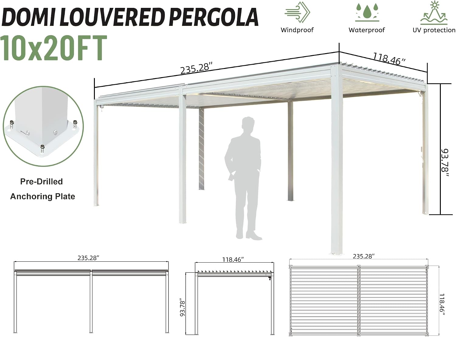 Domi Louvered Pergola 10X20FT, Aluminum Pergola with Adjustable Louvered Roof and Drainage Gutter, Outdoor Gazebo for Patio, Backyard, Deck, White
