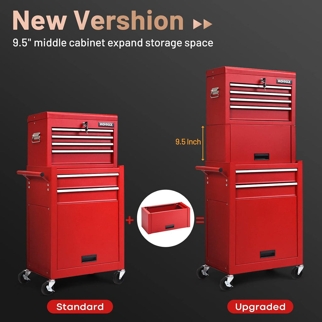 IRONMAX 6-Drawer Tool Cabinet on Wheels, Lockable 3 in 1 Heavy Duty Toolbox Organizer w/ 4 Universal Wheels & Hooks, Detachable Metal Tool Chest for Garage, Warehouse, Repair Shop (Red)
