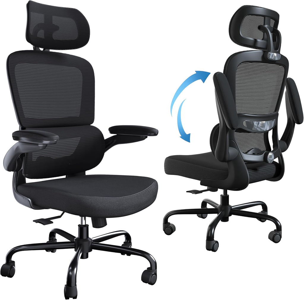 TRALT Ergonomic Office Chair - Desk Chair with Adjustable Headrest Lumbar Support Computer Chair - Mesh Comfy Chair with Flip-up Armrests - Gaming Chairs for Adults Home Office (Leather, Black)