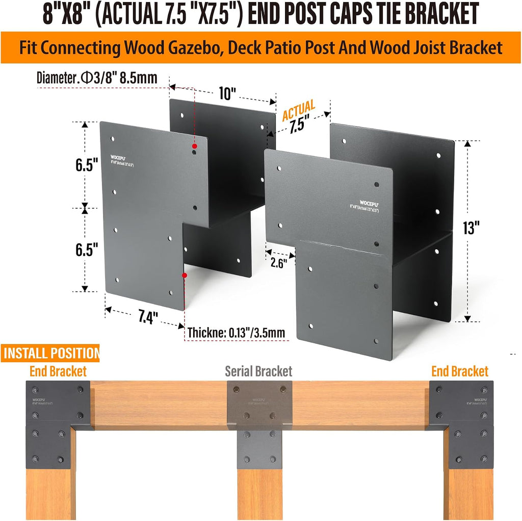 2 Pack Heavy Duty 8x8 (Actual 7.5'x7.5') Stainless Steel End Post Caps Tie Bracket , Fit Connecting Wood Gazebo, Deck Patio Post and Wood Beams Bracket (End Dark Ggray)