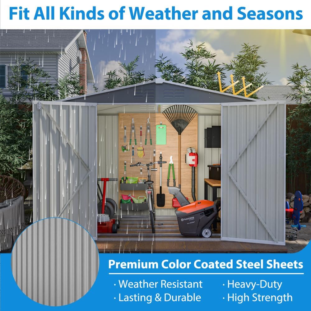 Large Outdoor Storage Shed 10x12 FT, Heavy-Duty Metal Garden Tool Organizer with Lockable Doors and Weather-Resistant Roof for Backyard (8x6 ft with Floor Frame)