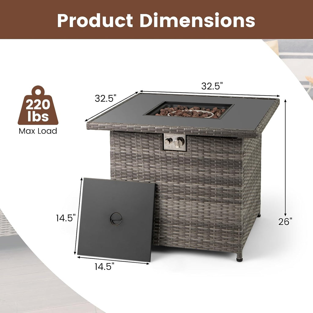 Tangkula 32.5 Inch Propane Fire Pit Table, Outdoor Rattan Gas Firepit with Tempered Glass Tabletop & Stainless Steel Burner, Square Fire Pit with Lava Rocks & Protective Cover for Outside Patio