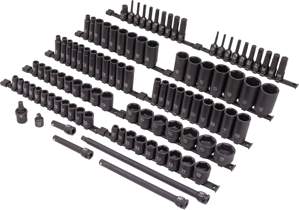 SUNEX 26102 1/2' Drive SAE & Metric 6 Point Standard & Deep & Hex Bit Master Impact & Bit Socket Set, 102-Piece