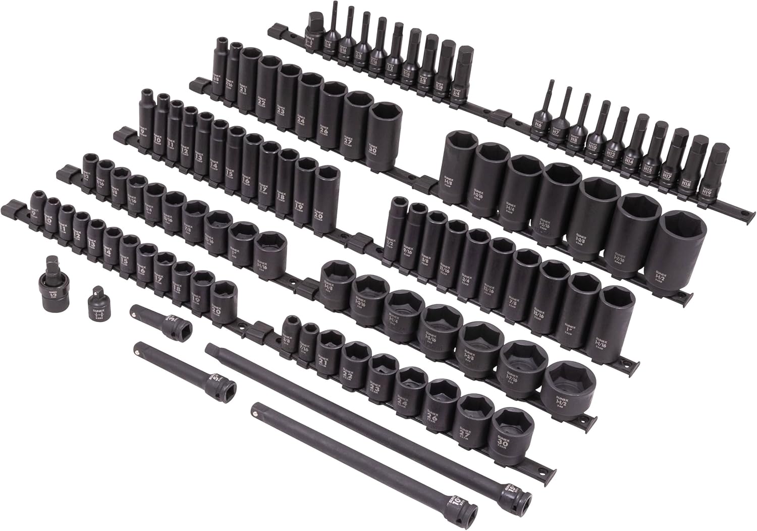 SUNEX 26102 1/2' Drive SAE & Metric 6 Point Standard & Deep & Hex Bit Master Impact & Bit Socket Set, 102-Piece