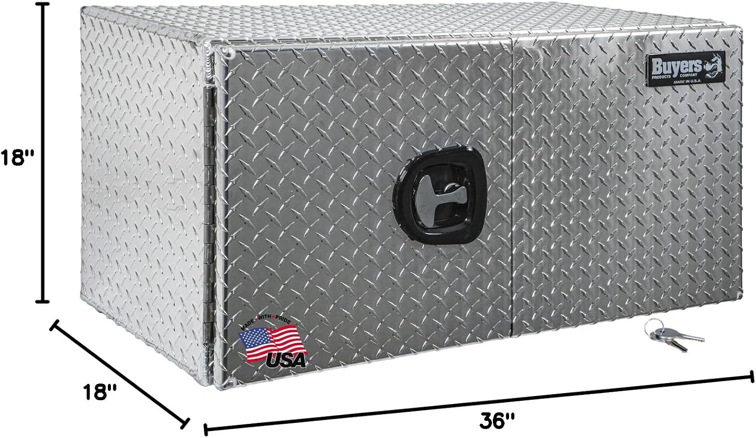 Buyers Products 1705205 Diamond Tread Aluminum Underbody Truck Box with Barn Door, 18 x 18 x 36 Inch, Lockable T Handles, Truck Storage and Organizer, Made in the USA, Silver