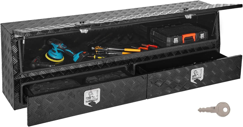 VEVOR Contractor Truck Tool Box, 72 x 21 x 13 in, Black Tread Aluminum TopSider Toolbox with Two Lower Drawers, Flip Up Door, Weather-Resistant Heavy Duty Storage Box with Latch, for Truck Bed Pickup