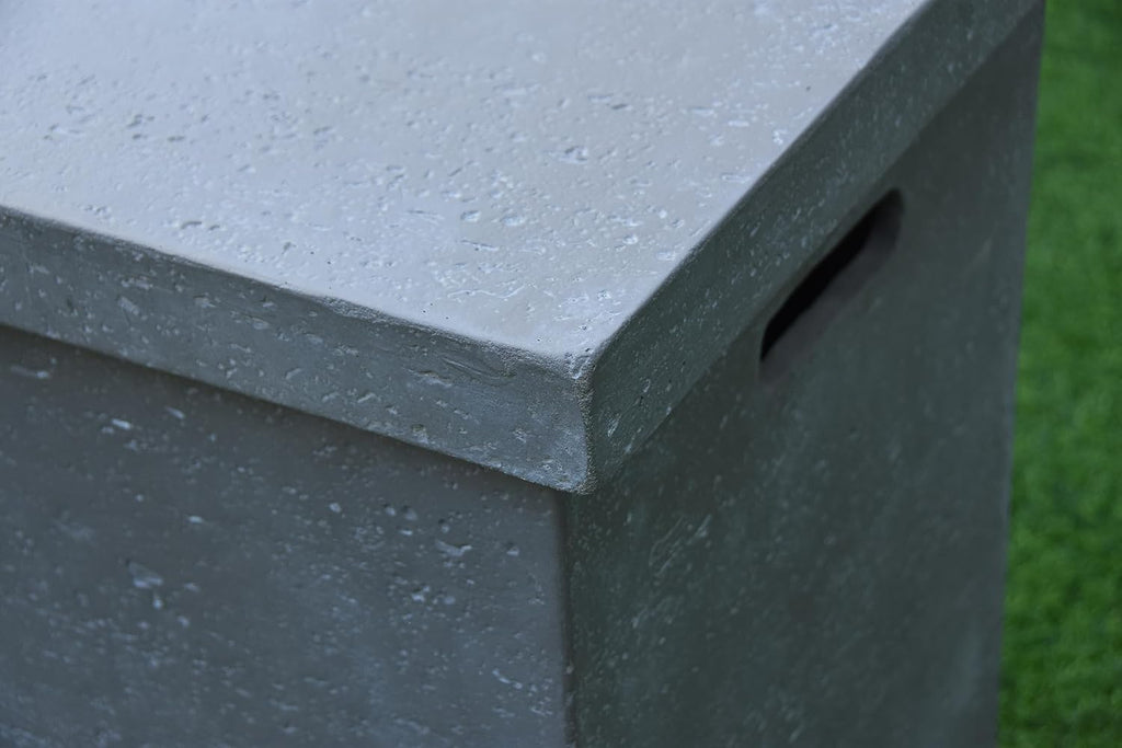 AMS Fireplace | Elementi Tall Light Grey Square Travertine Propane Tank Cover | Concrete GFRC Base | Dimensions: 17.7 x 17.7 x 24.4 inches | Complement HAMPTON, and Others Fire Pit Tables Perfectly