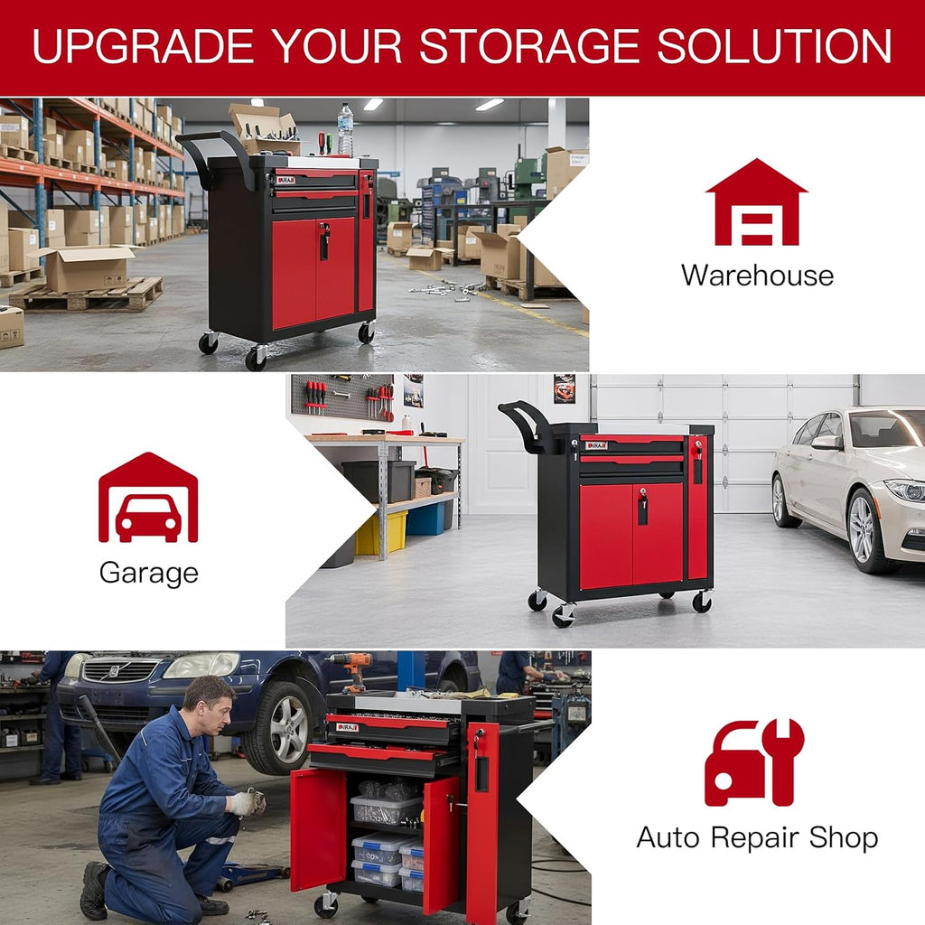 Tool Chest 2-Drawer | Rolling Tool Chest with Wheels/Side Drawer | Drawers Integrated Lockable | Tool Cart/Cabinet with Drawers for Garage Storage,Workshop | Safety Rounded Corner Anti-collision | Red
