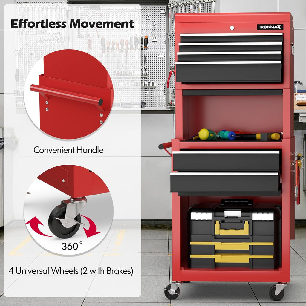 IRONMAX Tool Cabinet on Wheels, 6-Drawer Lockable Rolling Tool Chest w/ 4 Universal Wheels, 2 in 1 Detachable Tool Box Storage Organizer for Garage Workshop Repair Shop, Black & Red