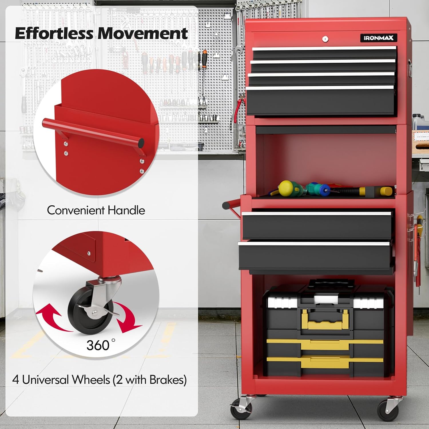 IRONMAX Tool Cabinet on Wheels, 6-Drawer Lockable Rolling Tool Chest w/ 4 Universal Wheels, 2 in 1 Detachable Tool Box Storage Organizer for Garage Workshop Repair Shop, Black & Red