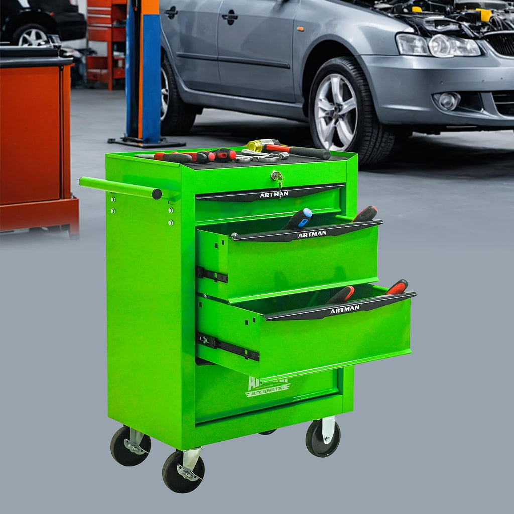 4 Drawers Tool Cart on Wheels, Multifunctional Rolling Tool Chest, Drawers Mobile Trolley Organizer Heavy Duty Tools Box with Locking Wheels & Ball Bearing Drawers (Green, 4 Drawers)