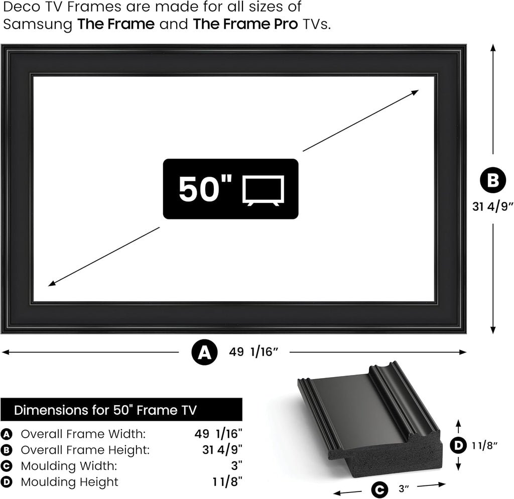 Black 50' Premiere Deco TV Frame - Compatible ONLY with Samsung The Frame TVs (Fits 2021-2026, LS03A, LS03B, LS03C, LS03D, LS03FA)