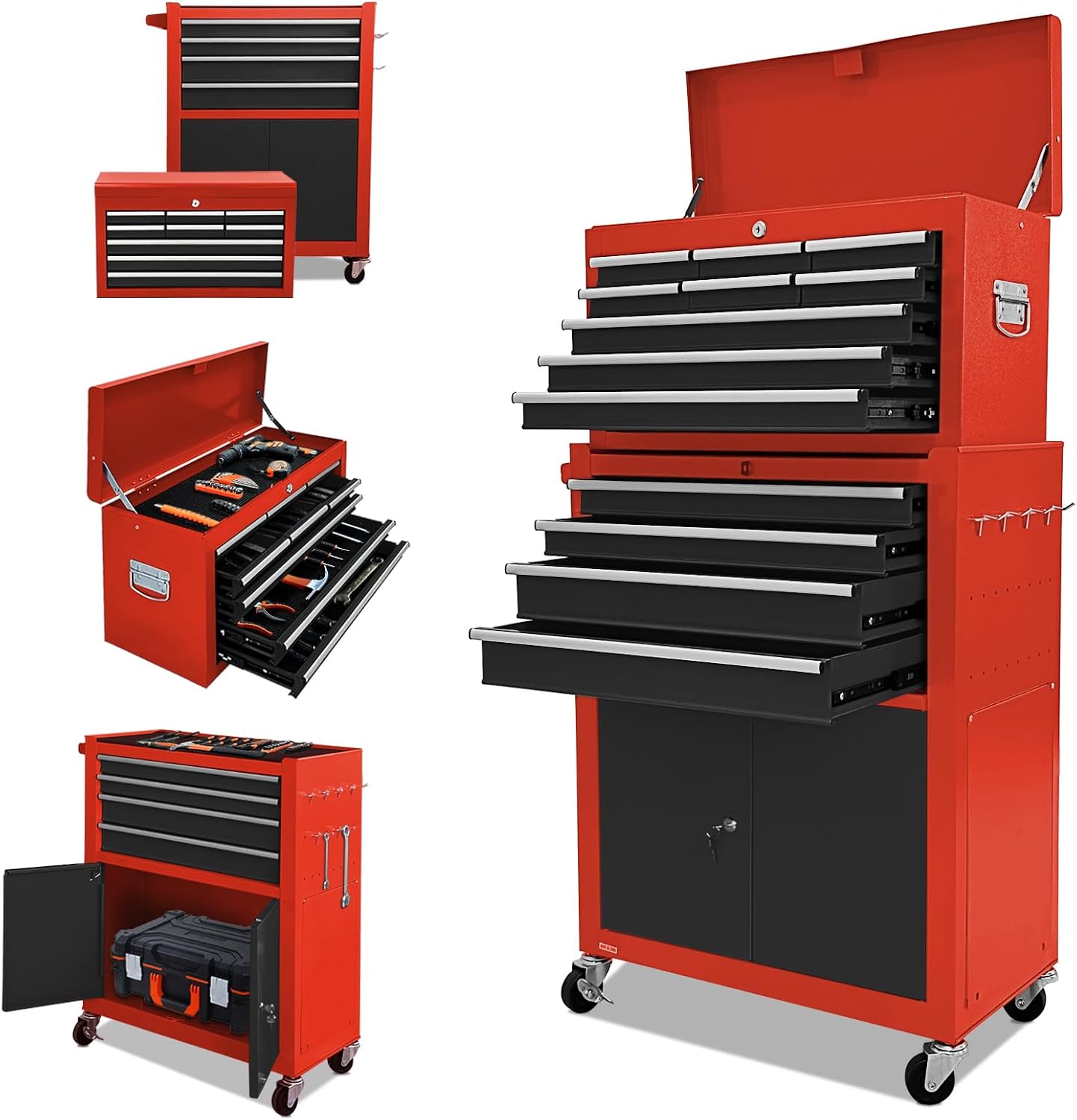 Tool Chest 13-Drawer with Double Door Handle,2 in 1 Detachable Rolling Tool Chests with Wheels and Drawers,Large Tool Box with Lock (Red＆Black)