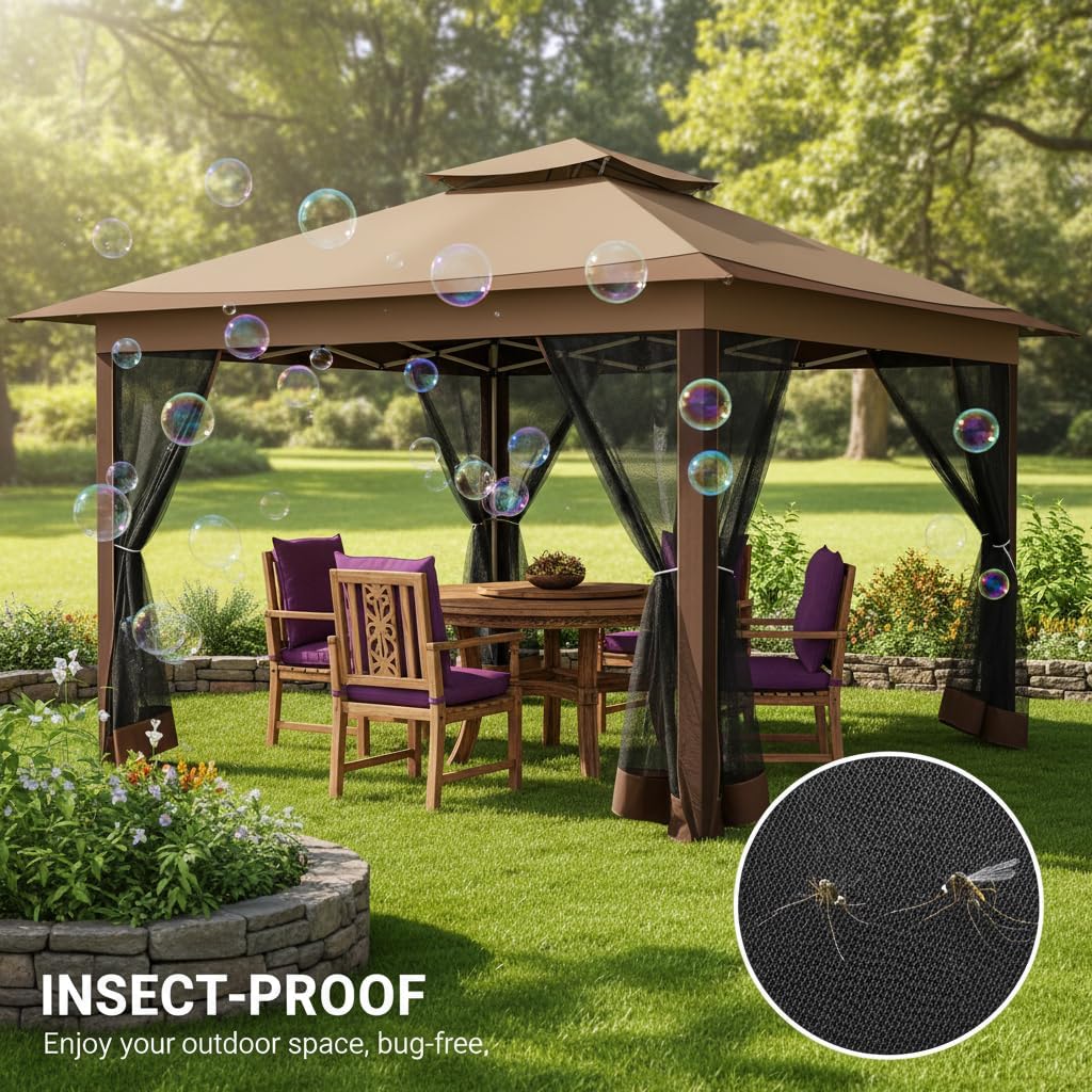 COBIZI 12x12 FT Pop up Gazebo on Clearance Canopy Tent, Carpas para Patio, Easy up Outdoor Canopy Tents with Portable Storage Bag for Backyard, Outdoor Waterproof Gazebos for Garden,Camping, Brown