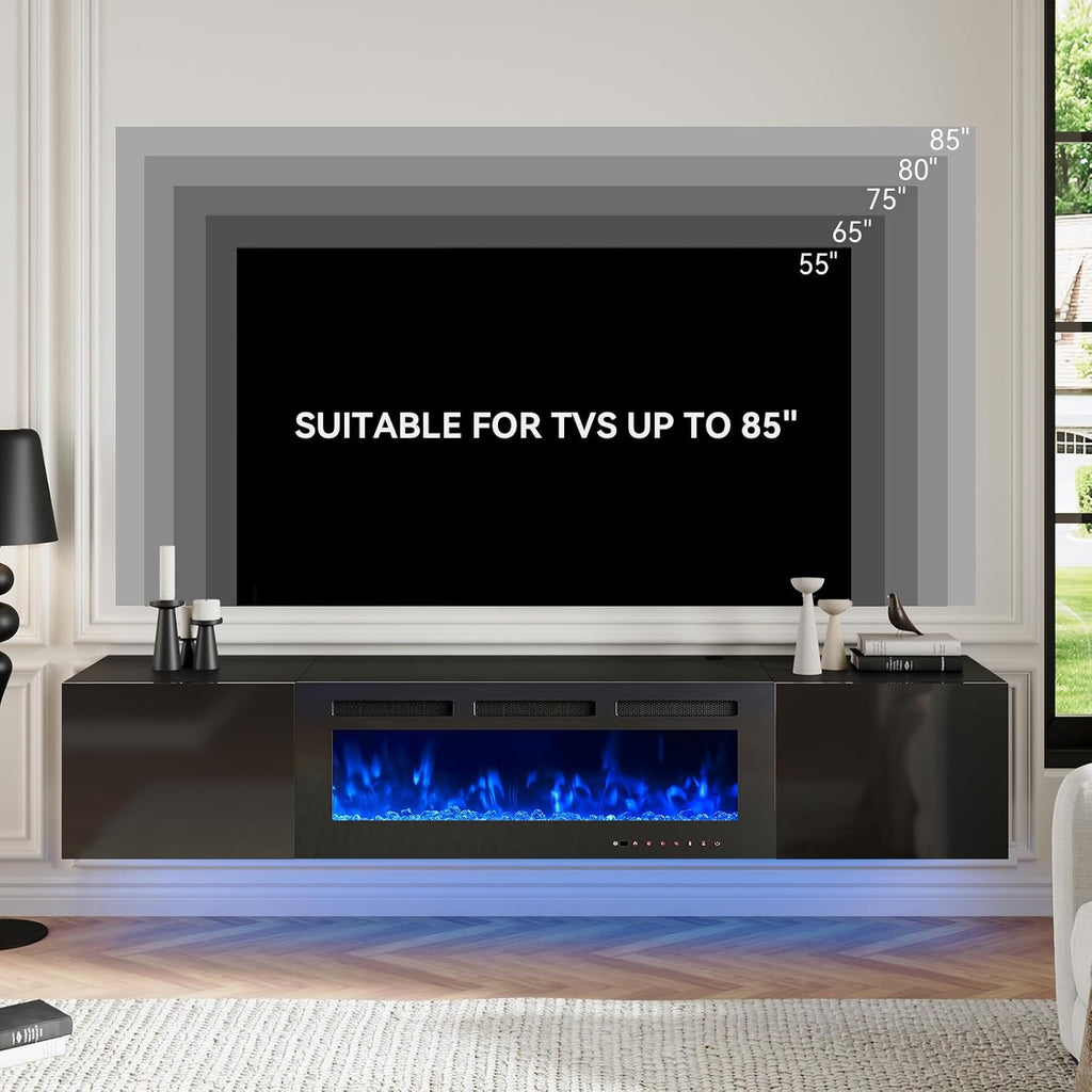 oneinmil 80' Floating TV Stand with 40' Electric Fireplace, Modern Entertainment Center with Storage, Adjustable 12-Color LED Lights, Fire Place TV Console for Living Room, All Black