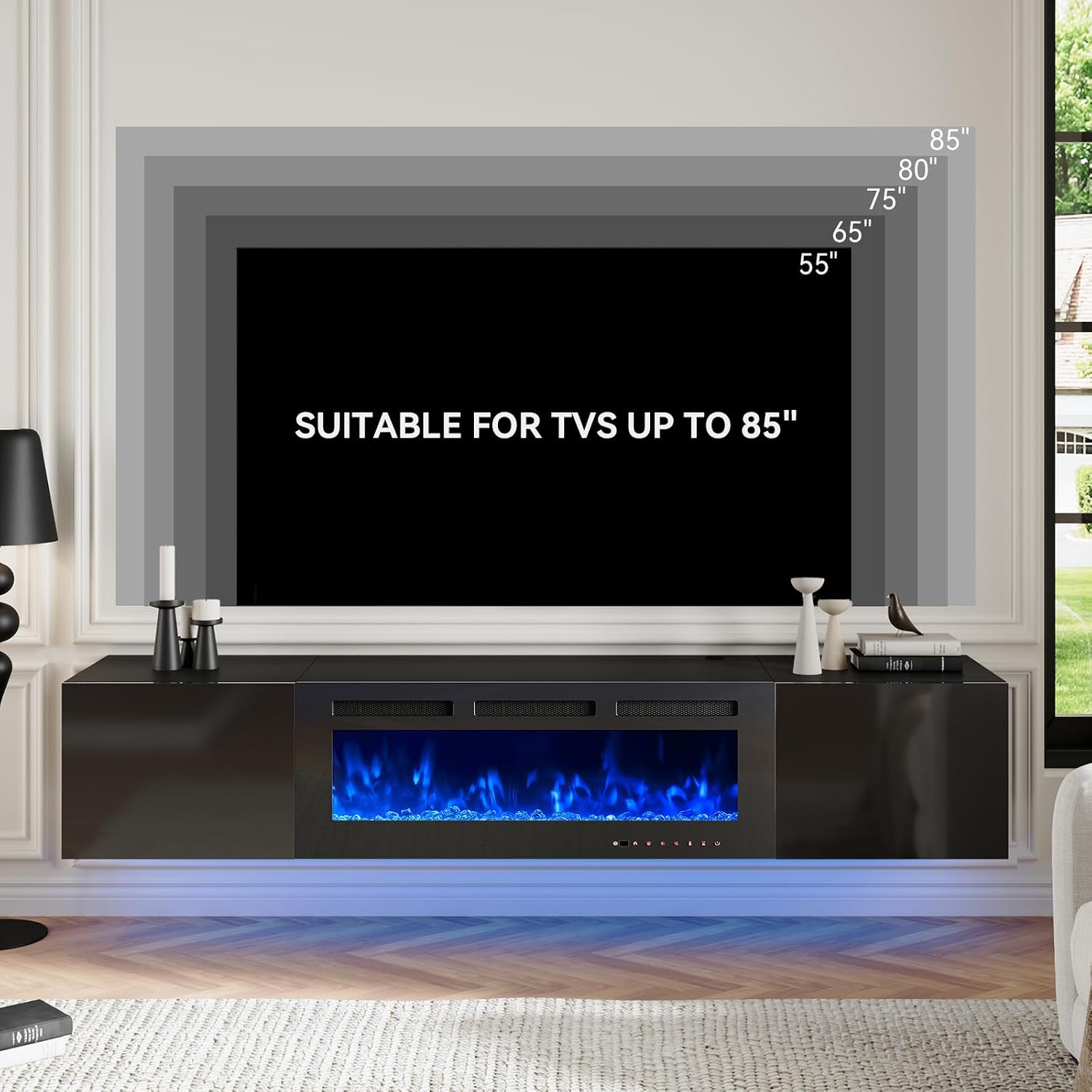 oneinmil 80' Floating TV Stand with 40' Electric Fireplace, Modern Entertainment Center with Storage, Adjustable 12-Color LED Lights, Fire Place TV Console for Living Room, All Black