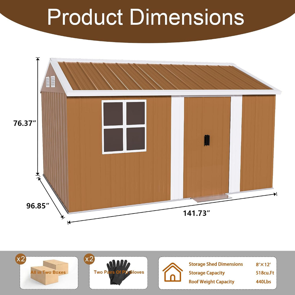 8x12 Outdoor Storage Shed, Heavy Duty Metal Shed, Lockable Garden Sheds with Sliding Door, Window and Airflow Design, Waterproof Steel Tool Sheds & Outdoor Storage for Backyard