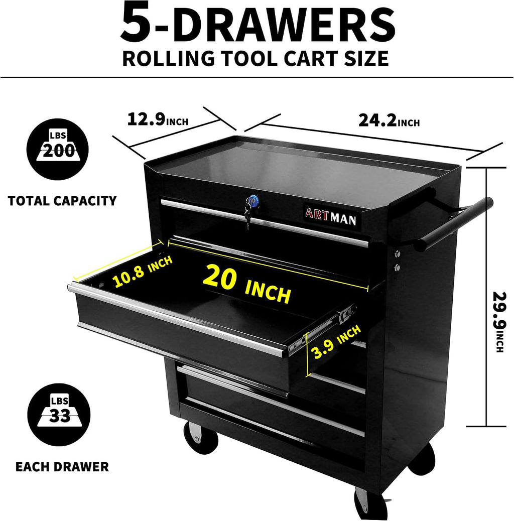 Larmliss 5-Drawer Rolling Tool Cart, Rolling Tool Box on Wheels, Lockable Home Repair Tool Storage Organizer, Tool Chest Cabinet for Mechanic, Garage