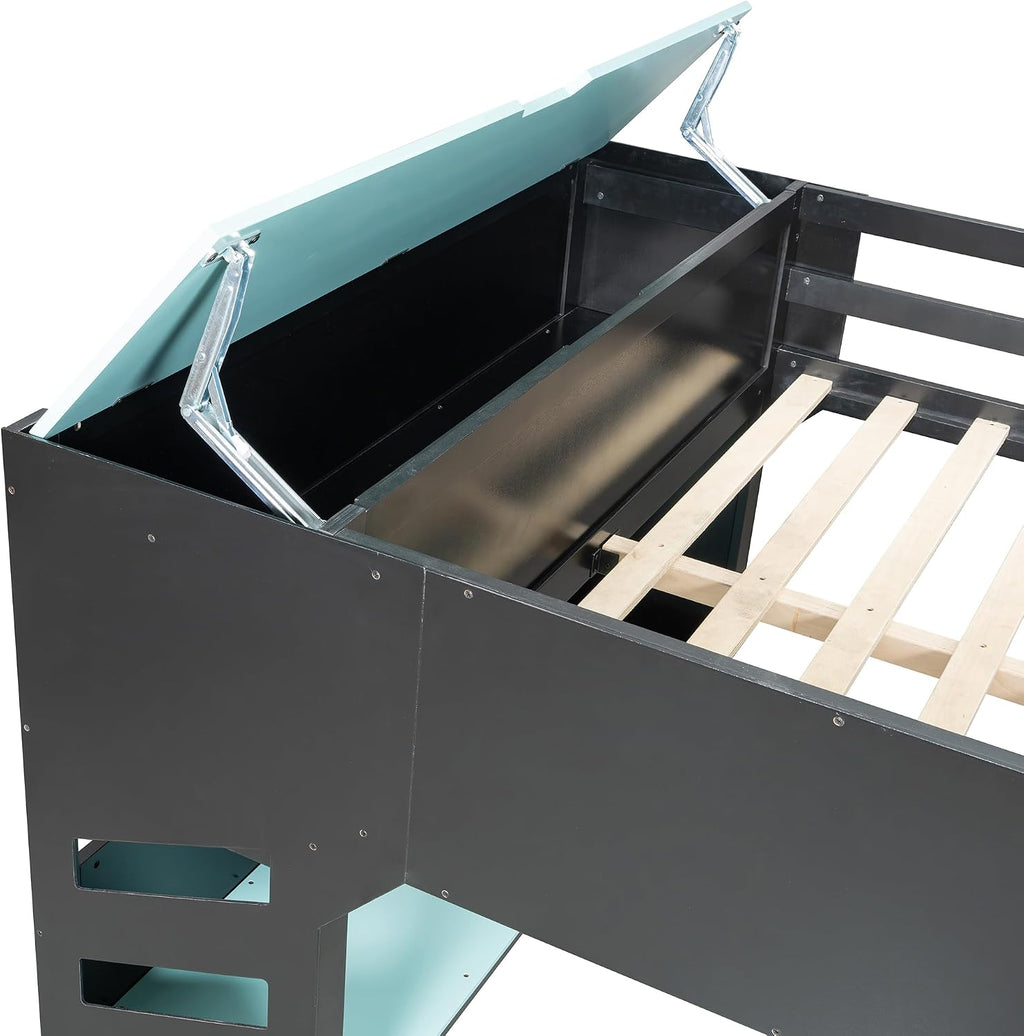 SOFTSEA Full Size Gaming Loft Bed with Desk, Storage Headboard, Drawers, Hanging Rod, USB Ports & LED Lights for Bedroom, No Box Spring Needed, Blue