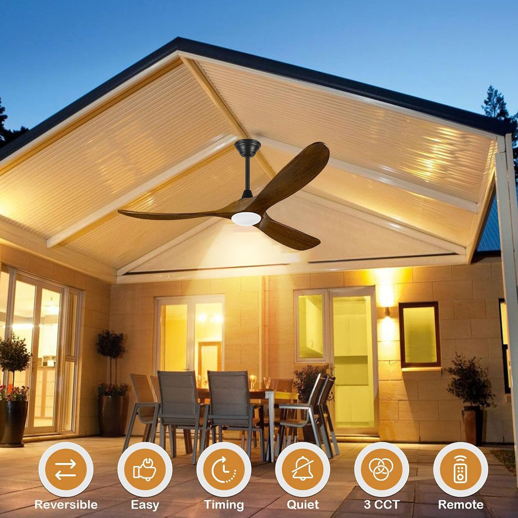52 Inch Wood Ceiling Fans with Light Remote Control, 3 Blades Wooden Propeller Ceiling Fan, Rustic Farmhouse Style Brown, Reversible Quiet Dc Motor for Indoor Outdoor, 3CCT Dimmable
