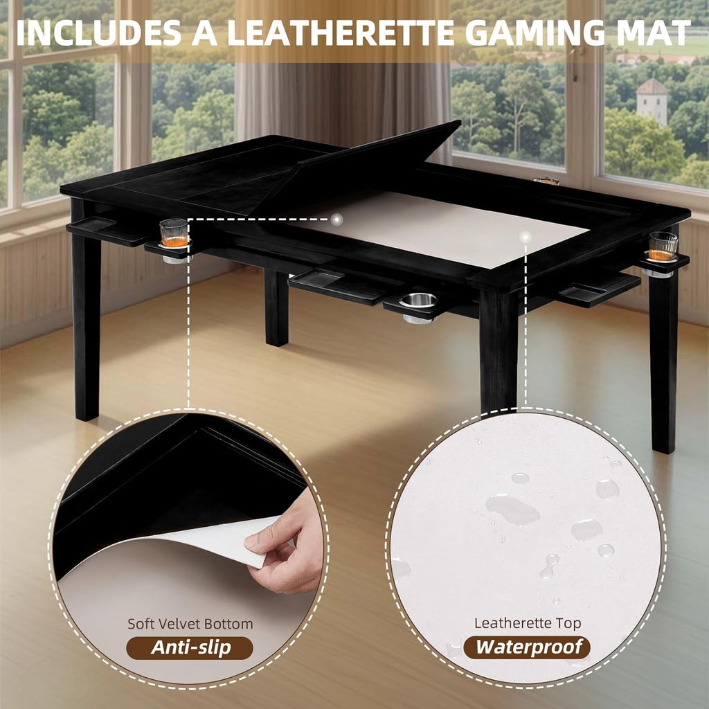 Coperat Solid Wood Board Game Table for 4-6 Players,Dining/Gaming Table w/ 54'x31' Big Gaming Space and Removable Top,Includes Game Mat, 6 Cup Holders & Hobby Tray,Black