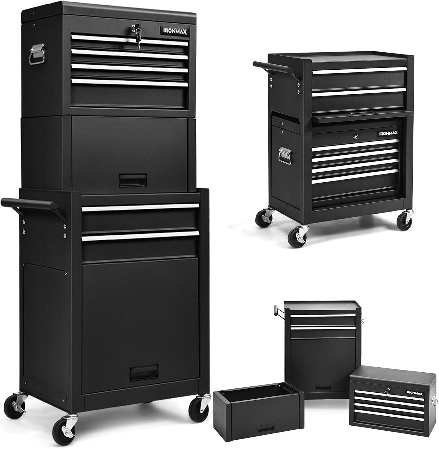 IRONMAX Tool Cabinet on Wheels, 6-Drawer Lockable Rolling Tool Chest w/ 4 Universal Wheels, 2 in 1 Detachable Tool Box Storage Organizer for Garage Workshop Repair Shop, Black