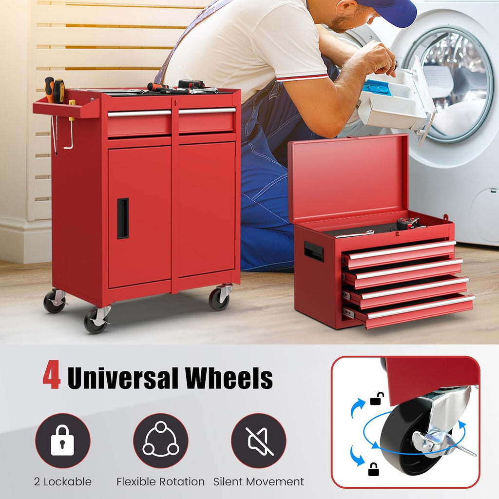 DORTALA Rolling Tool Chest Cabinet, Tool Box Organizer with 5 Sliding Drawers, Locking System, Toolbox Storage Cabinet on Wheels for Garage Workshop, Red