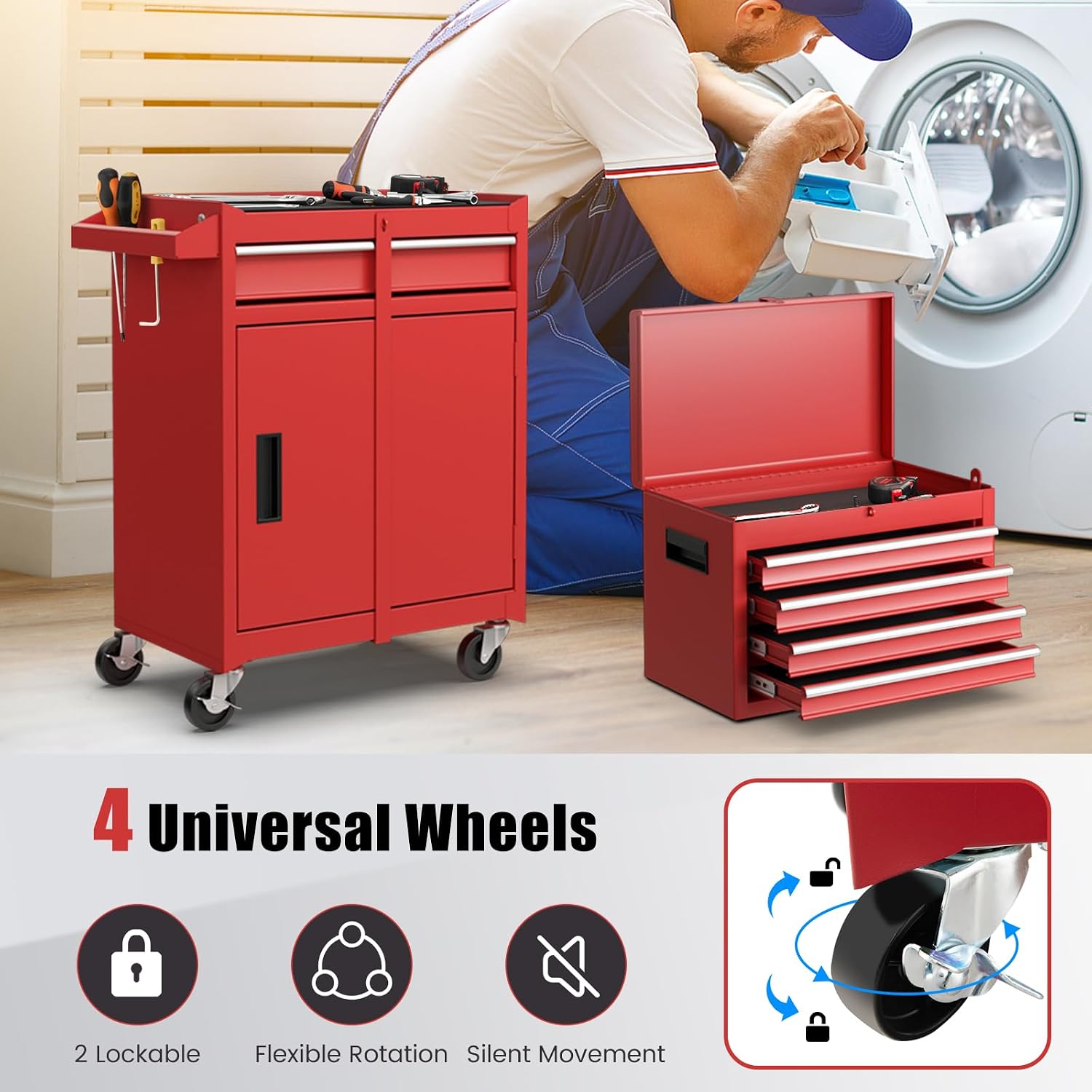 DORTALA Rolling Tool Chest Cabinet, Tool Box Organizer with 5 Sliding Drawers, Locking System, Toolbox Storage Cabinet on Wheels for Garage Workshop, Red