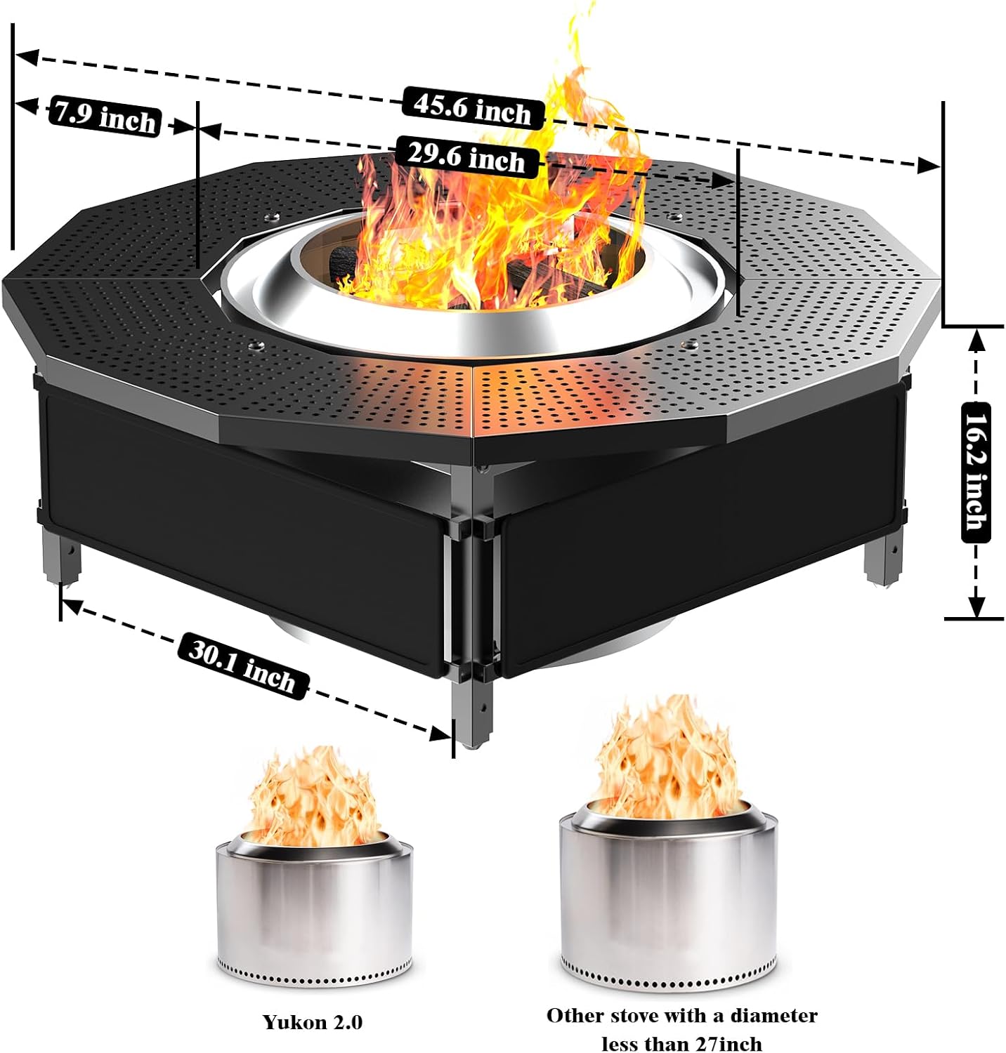 Fire Pit Surround Tabletop Use for Solo Stove Bonfire Ranger Yukon 2.0, Adjustable Surround Tabletop for Solo Stove Mesa with UV-Resistant Outdoor Fabric, Metal Black for Indoor Outdoor Use