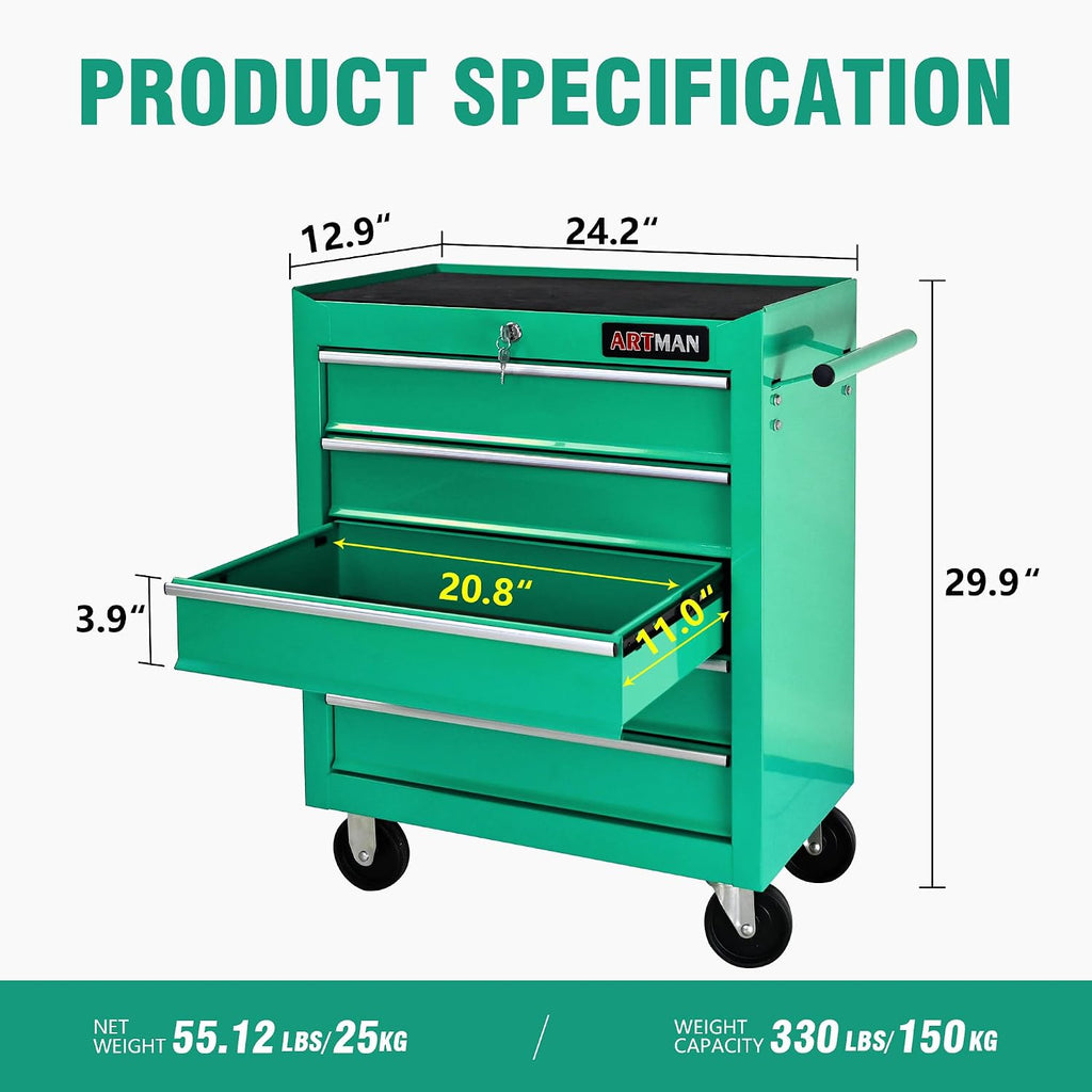 5 Drawers Tool Cart on Wheels, 5 Drawer Rolling Tool Chest with Key Lock, Trolley Organizer Tool Case, Multifunctional Rolling Tool Box for Garage,Warehouse,Workshop,Repair Shop (Green)