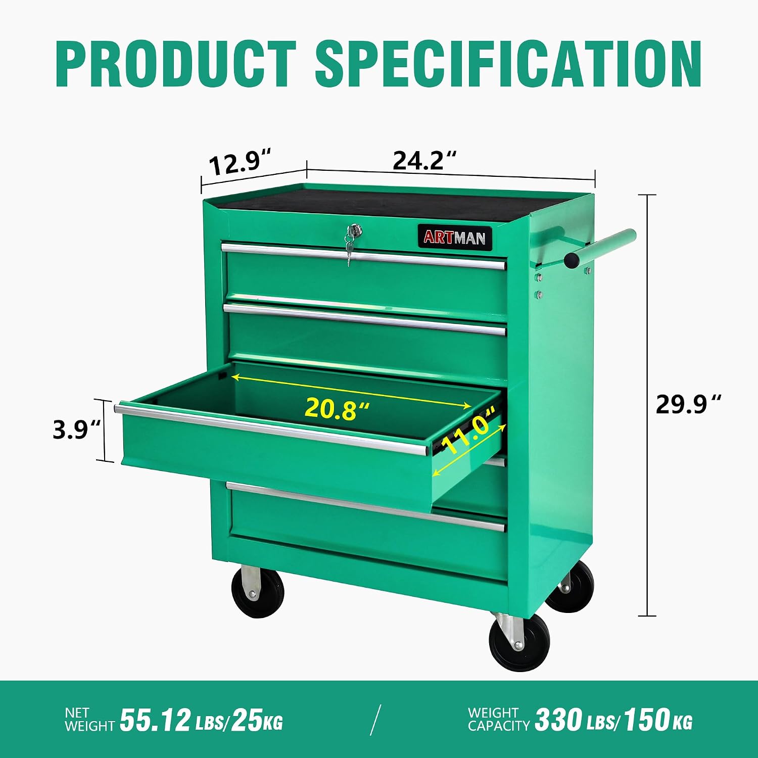 5 Drawers Tool Cart on Wheels, 5 Drawer Rolling Tool Chest with Key Lock, Trolley Organizer Tool Case, Multifunctional Rolling Tool Box for Garage,Warehouse,Workshop,Repair Shop (Green)