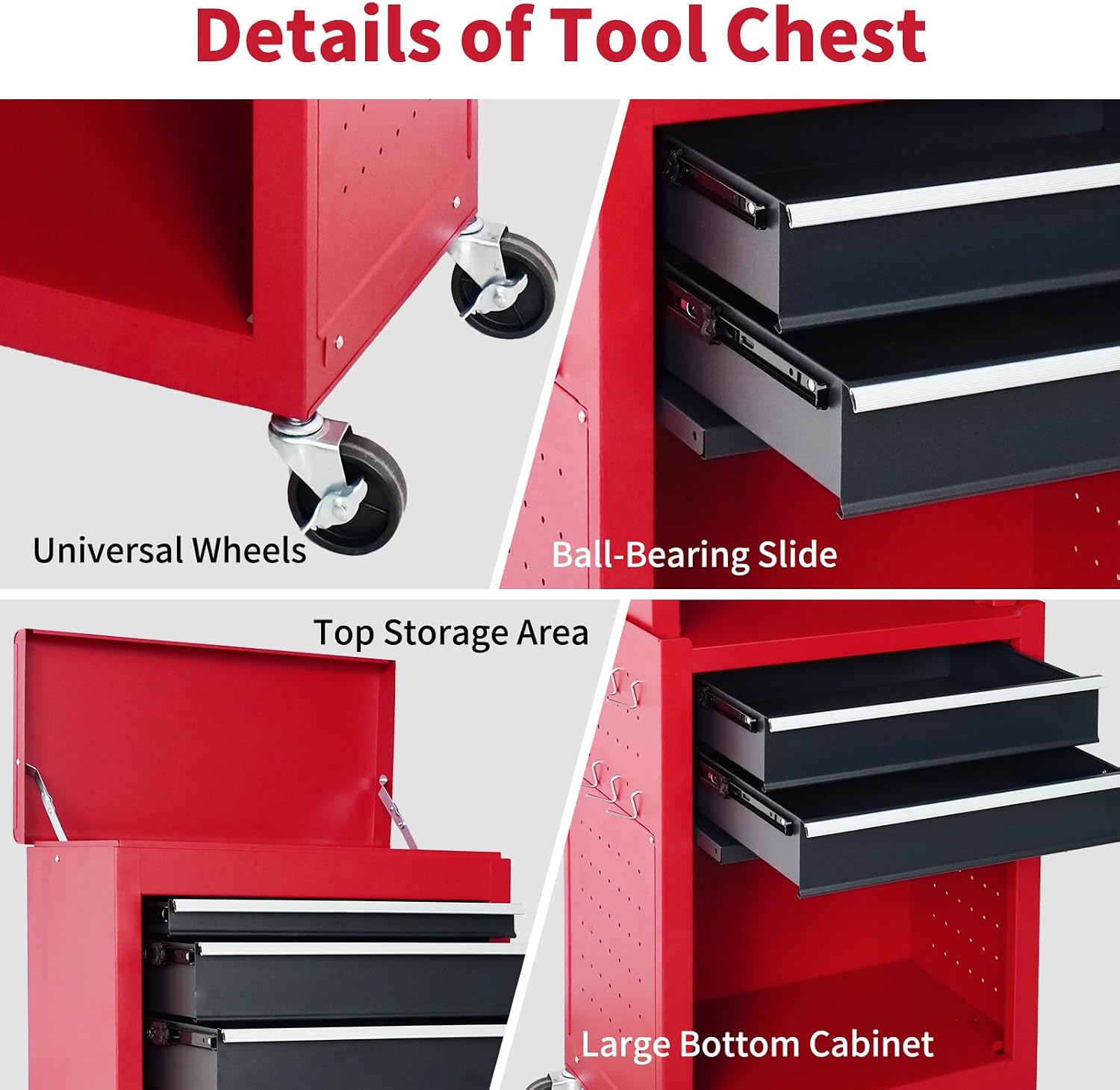 Rolling Tool Chest, 3-in-1 Detachable Metal Tool Box with Wheels & Drawers, High Capacity Toolbox Organization Sliding Drawers Garage Storage Box Cabinet Tools Cart for Warehouse Workshop