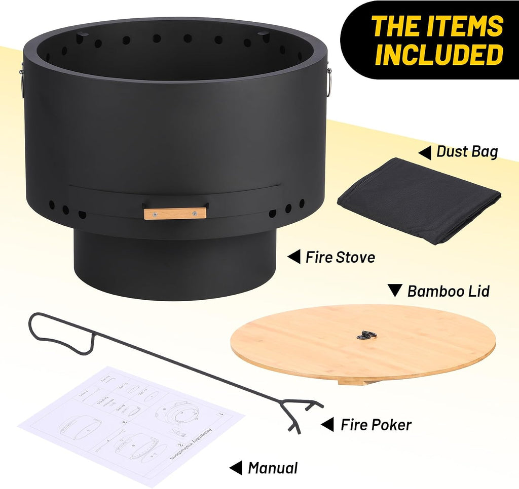 Garvee 26 in Smokeless Fire Pits, Wood Burning Firepits with Fire Poker, Outdoor Portable Fire Pits with Removable Ash Pan and Hardwood Top, Backyard Fireplace for Camping, Picnic and