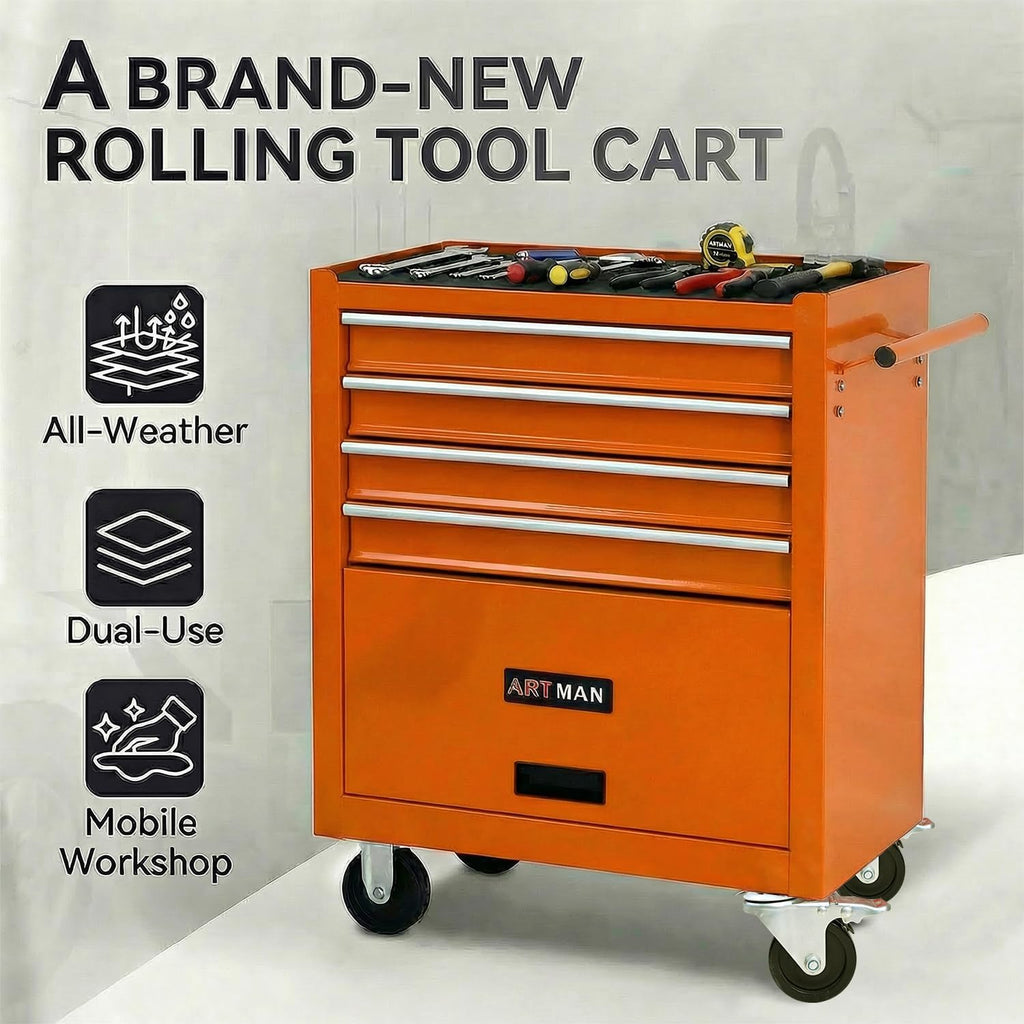 4 Drawers Tool Cart on Wheels, Rolling Tool Box Tool Storage, Drawers Rolling Tool Box Organizer Tool Case for Garage, Warehouse, Workshop, Repair Shop (4 Drawers-Orange)