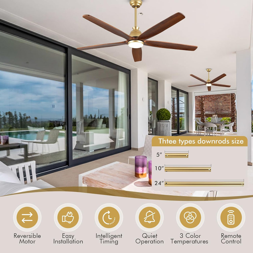 60 Inch Gold Ceiling Fan with Light and Remote, Outdoor Ceiling Fan for Patio Porch Gazebo, 5 Blade Solid Wood Rustic Farmhouse Ceiling Fans with Quiet DC Motor, Dimmable 3CCT
