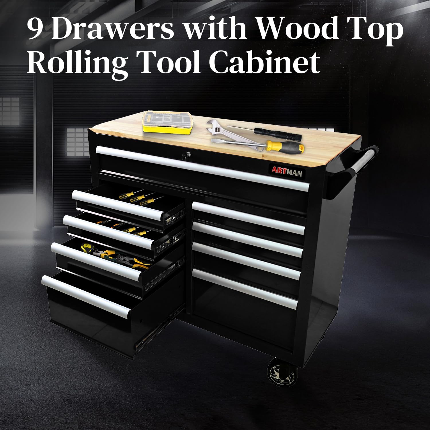Heavy Duty Rolling Tool Chest with 9-Drawer Wood Top Tool Cart Mechanic Tool Box with Wheels Tool Storage Cabinet Mobile Workbench Tool Bench for Garage, Warehouse, Workshop, Repair Shop (Black)