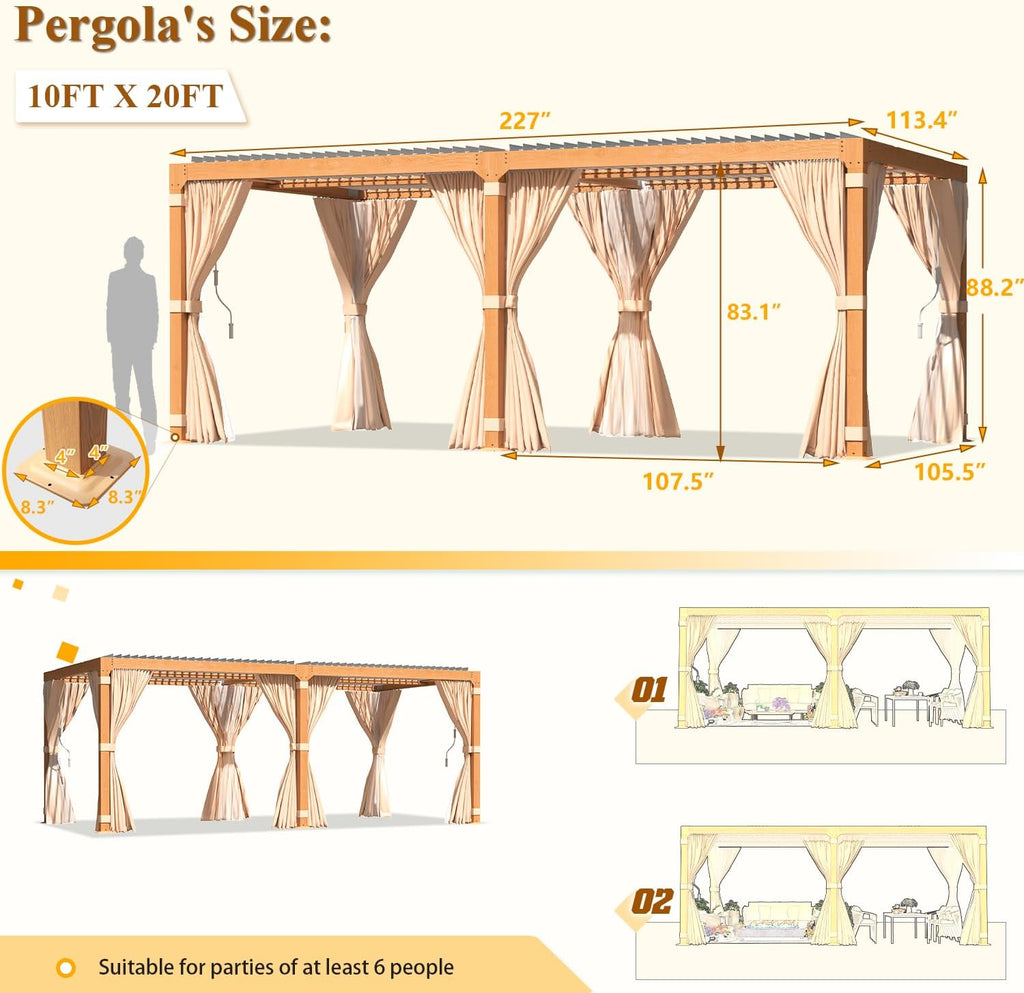 Yoleny Louvered Pergola - 10x20, All Aluminum with Adjustable Rainproof Roof, Outdoor Pergola with Curtains and Nets for Patio & Garden, Woodgrain
