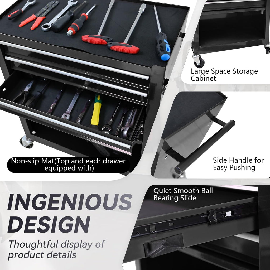 4 Drawers Tool Cart on Wheels,Rolling Tool Box Tool Storage, Drawers Rolling Tool Box Organizer Tool Case for Garage, Warehouse, Workshop, Repair Shop (4 Drawers-Black)
