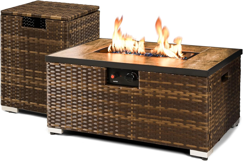 2-Piece Rattan Wicker Propane Fire Pit Table w/Tank Holder, Handmade 32-inch Gas Fire Pits for Outside Patio, Ceramic Tabletop with Steel Lid, Lava Rocks 40,000 BTU Rectangle (Brown)