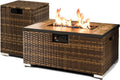 2-Piece Rattan Wicker Propane Fire Pit Table w/Tank Holder, Handmade 32-inch Gas Fire Pits for Outside Patio, Ceramic Tabletop with Steel Lid, Lava Rocks 40,000 BTU Rectangle (Brown)