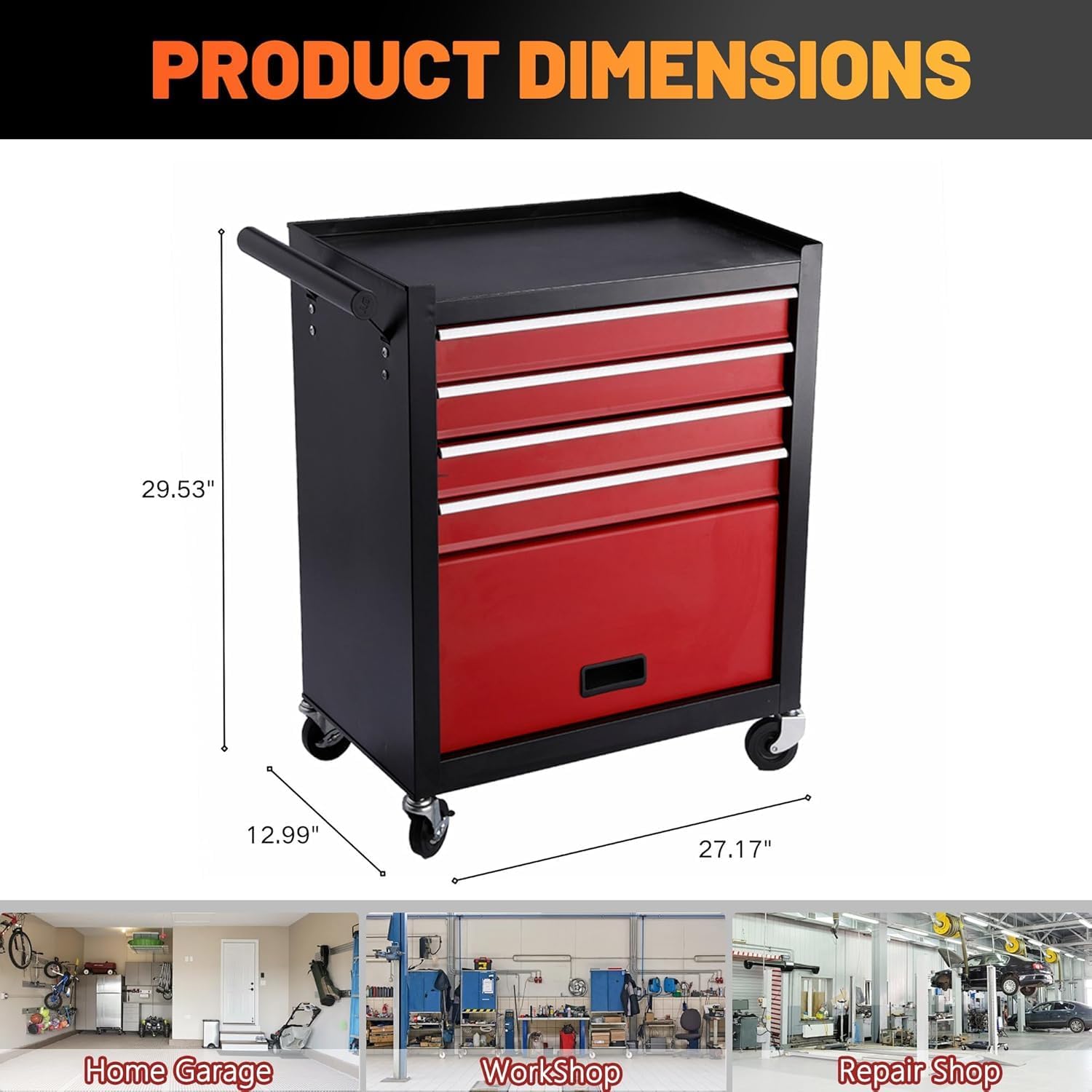 4 Drawers Metal Rolling Tool Chest on Wheels, Lockable Organizer ToolBox Tool Cart with 1 Cabinet, Multifunctional Large Capacity Trolley Tool Storage Case for Garages & Repair Shop (Black+Red)
